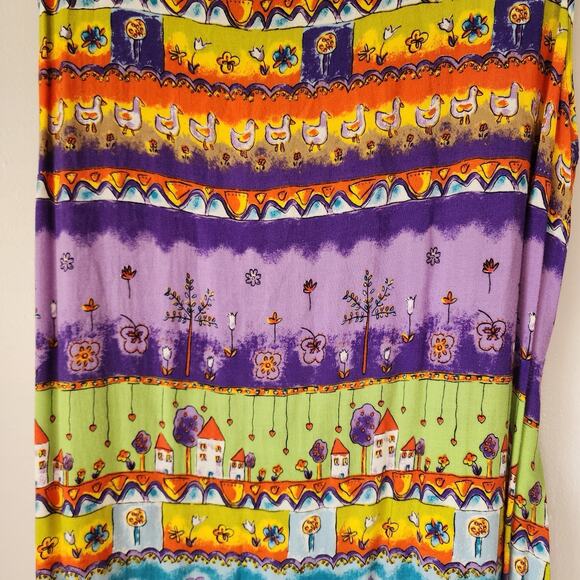 Vintage 90s Farm Cottage Cactus Flower Chicken Dress Maxi XL Purple Green - Picture 5 of 9
